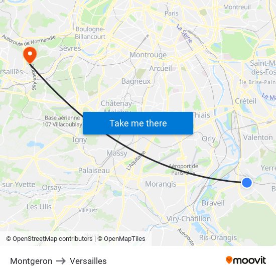 Montgeron to Versailles map