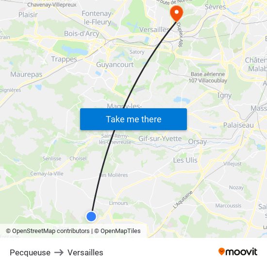 Pecqueuse to Versailles map