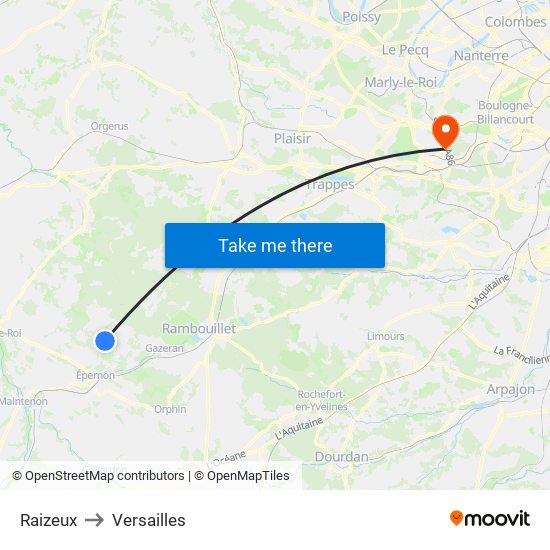 Raizeux to Versailles map