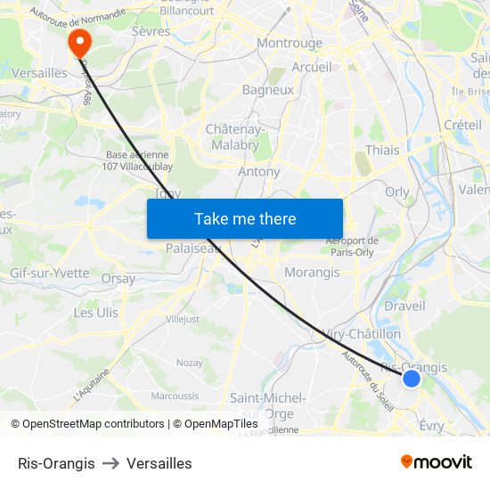 Ris-Orangis to Versailles map
