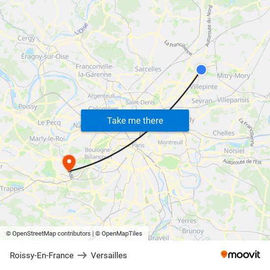 Roissy-En-France to Versailles map