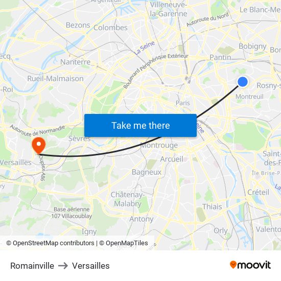 Romainville to Versailles map