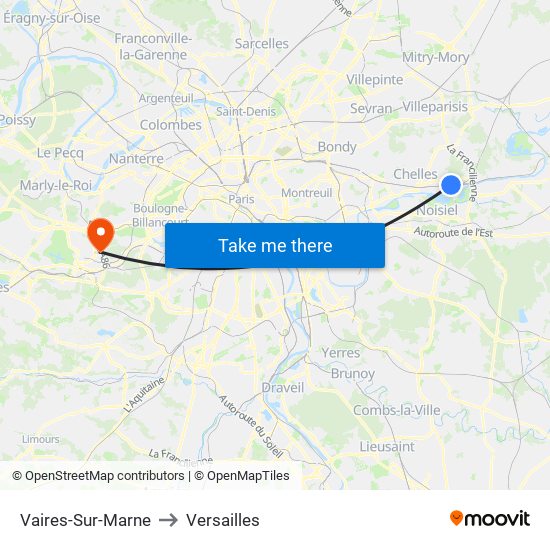Vaires-Sur-Marne to Versailles map