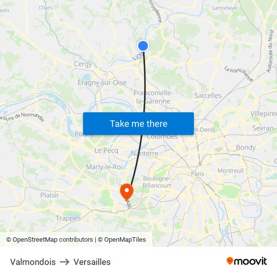Valmondois to Versailles map