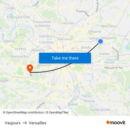 Vaujours to Versailles map