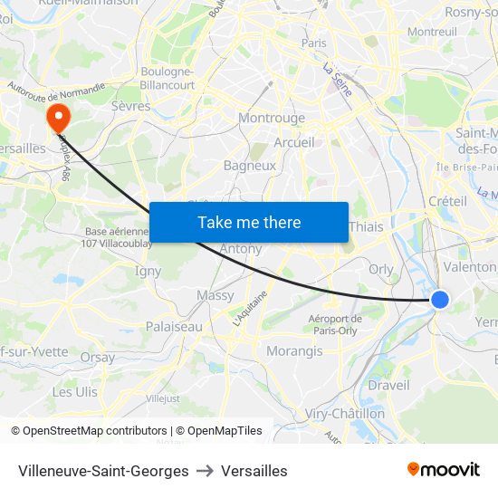 Villeneuve-Saint-Georges to Versailles map