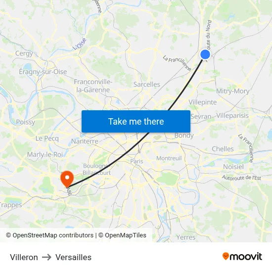 Villeron to Versailles map
