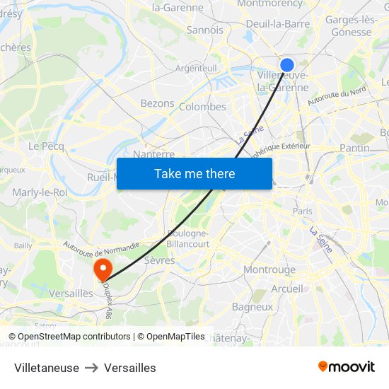 Villetaneuse to Versailles map