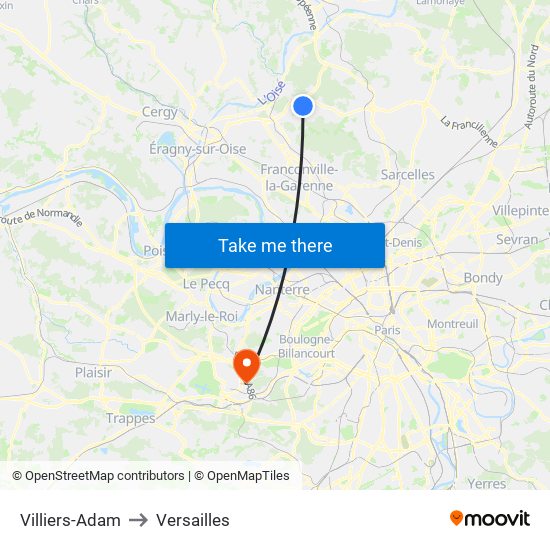 Villiers-Adam to Versailles map