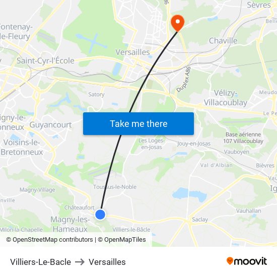 Villiers-Le-Bacle to Versailles map