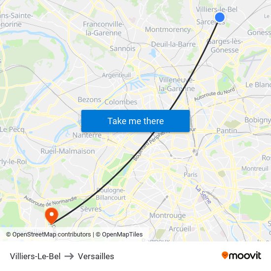 Villiers-Le-Bel to Versailles map