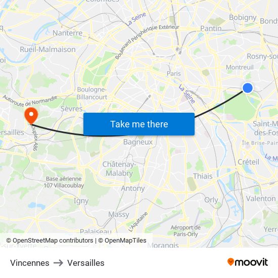 Vincennes to Versailles map