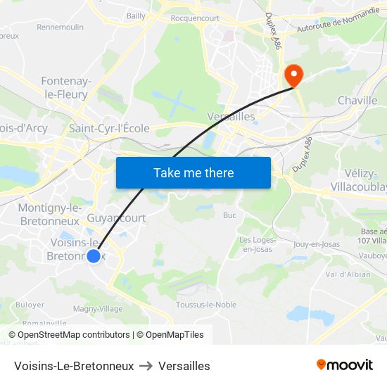 Voisins-Le-Bretonneux to Versailles map