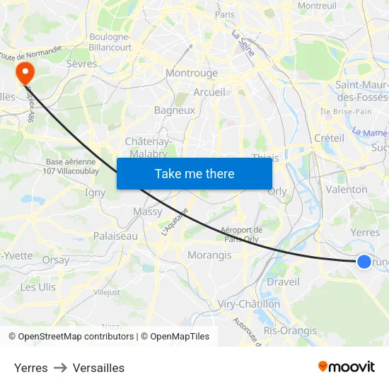 Yerres to Versailles map