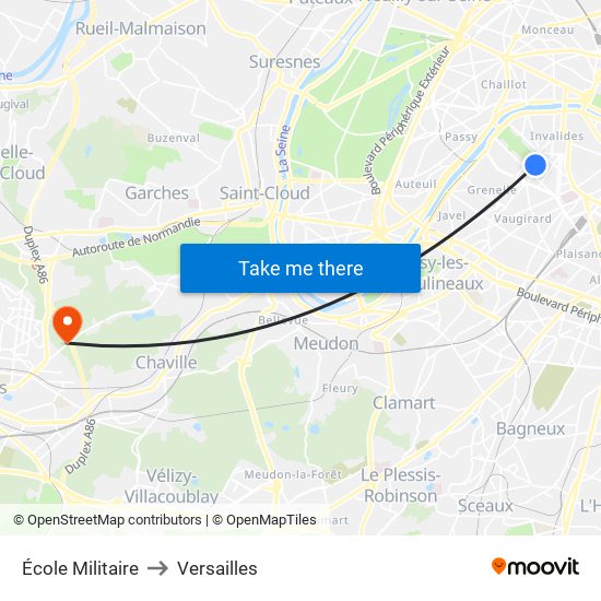 École Militaire to Versailles map