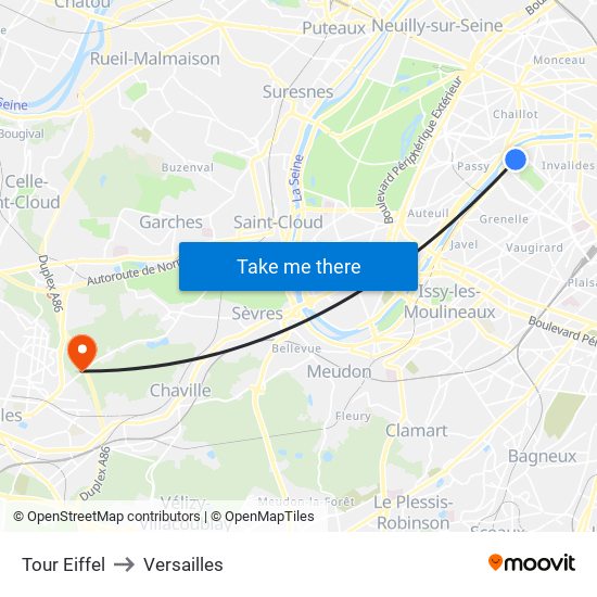 Eiffel Tower to Versailles map