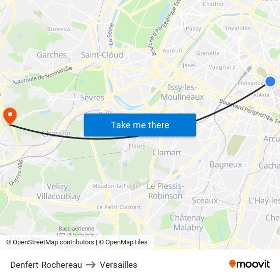 Denfert-Rochereau to Versailles map