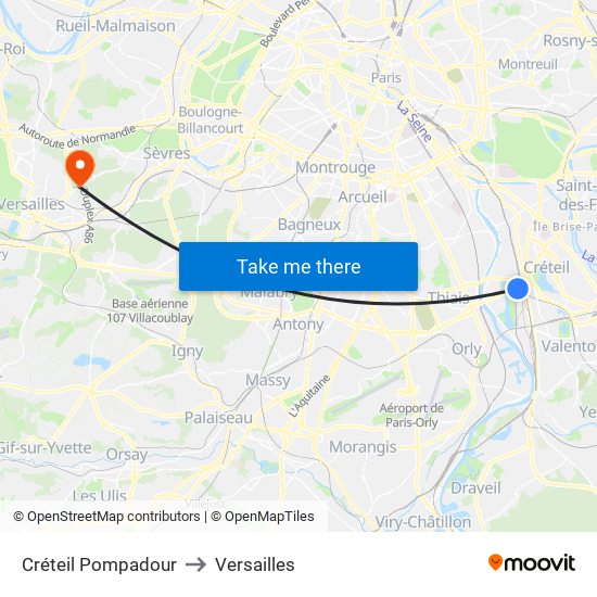 Créteil Pompadour to Versailles map