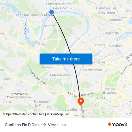 Conflans Fin D'Oise to Versailles map