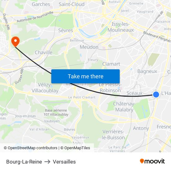 Bourg-La-Reine to Versailles map