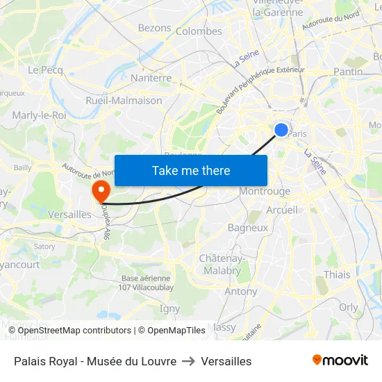 Palais Royal - Musée du Louvre to Versailles map