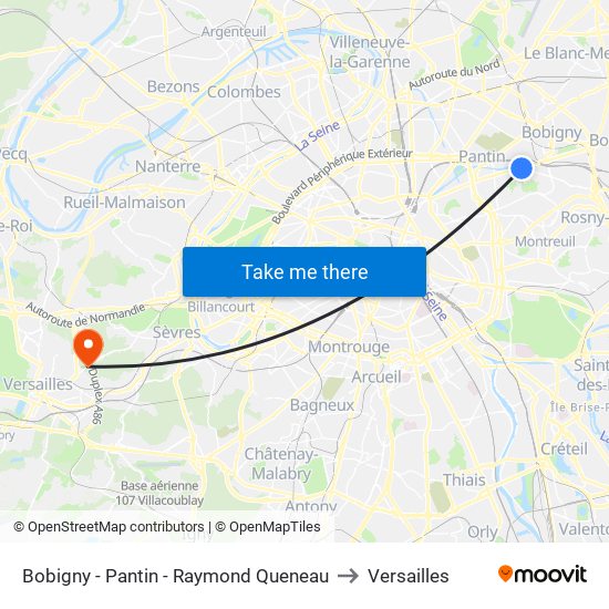 Bobigny - Pantin - Raymond Queneau to Versailles map