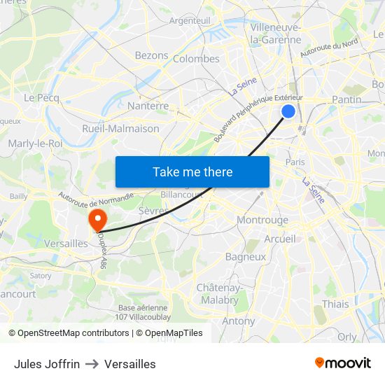 Jules Joffrin to Versailles map
