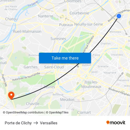 Porte de Clichy to Versailles map