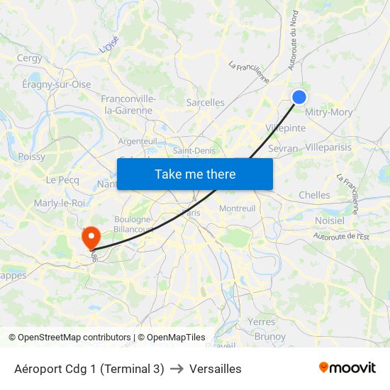 Aéroport Cdg 1 (Terminal 3) to Versailles map