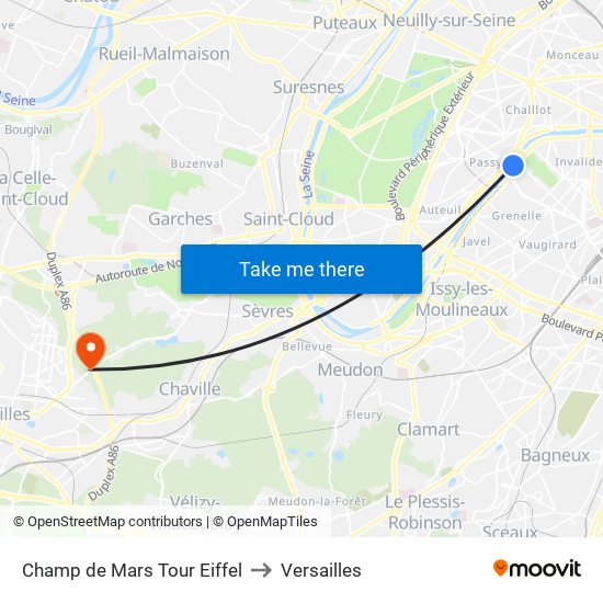 Champ de Mars Tour Eiffel to Versailles map