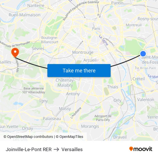Joinville-Le-Pont RER to Versailles map