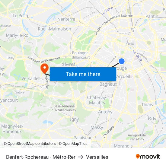 Denfert-Rochereau - Métro-Rer to Versailles map