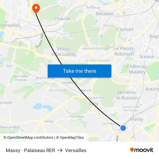 Massy - Palaiseau RER to Versailles map