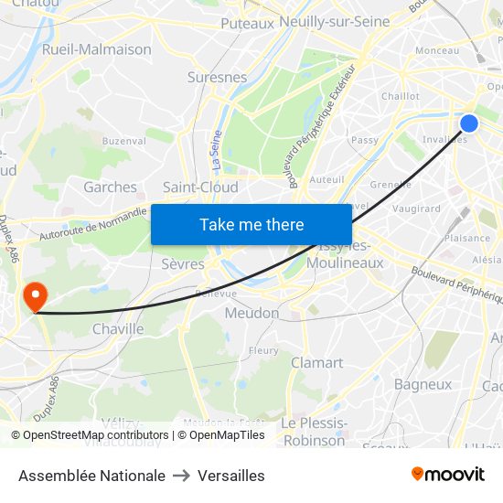Assemblée Nationale to Versailles map