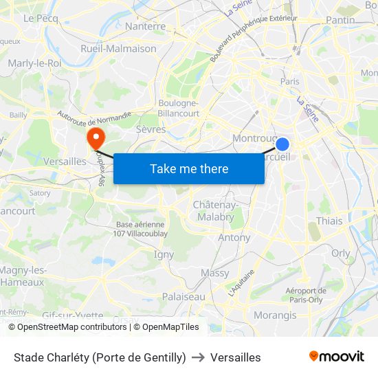 Stade Charléty (Porte de Gentilly) to Versailles map