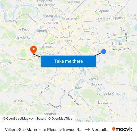Villiers-Sur-Marne - Le Plessis-Trévise RER to Versailles map