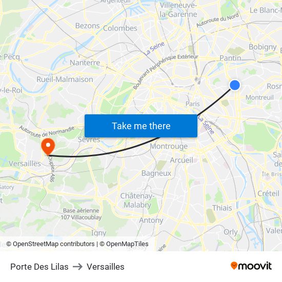 Porte Des Lilas to Versailles map