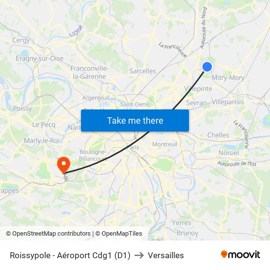 Roissypole - Aéroport Cdg1 (D1) to Versailles map