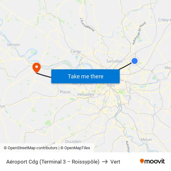 Aéroport Cdg (Terminal 3 – Roissypôle) to Vert map