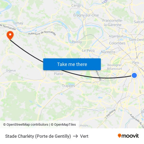 Stade Charléty (Porte de Gentilly) to Vert map