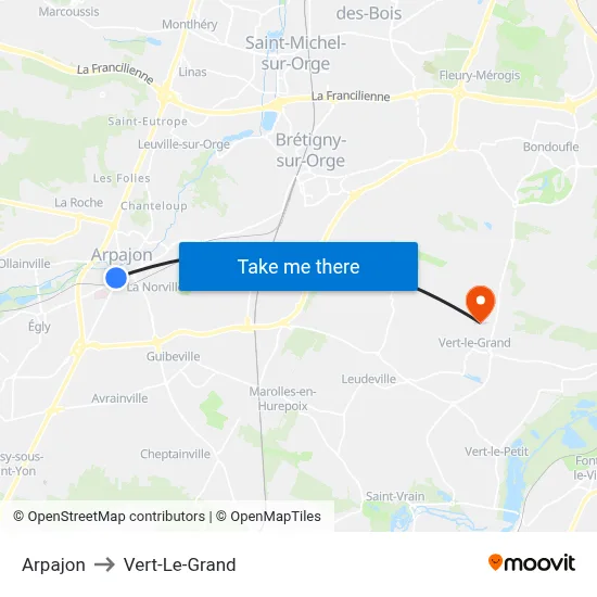 Arpajon to Vert-Le-Grand map