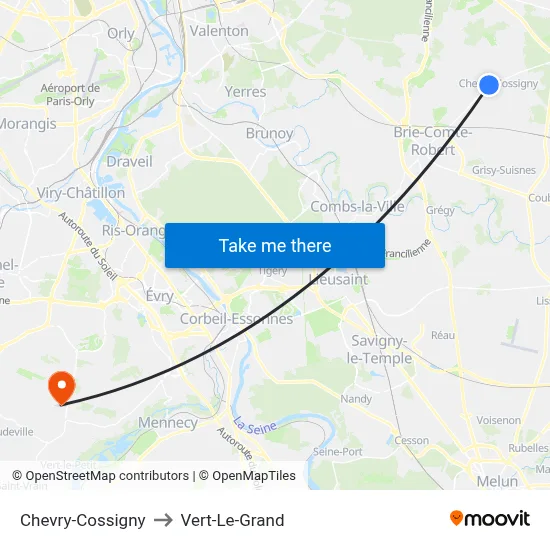 Chevry-Cossigny to Vert-Le-Grand map