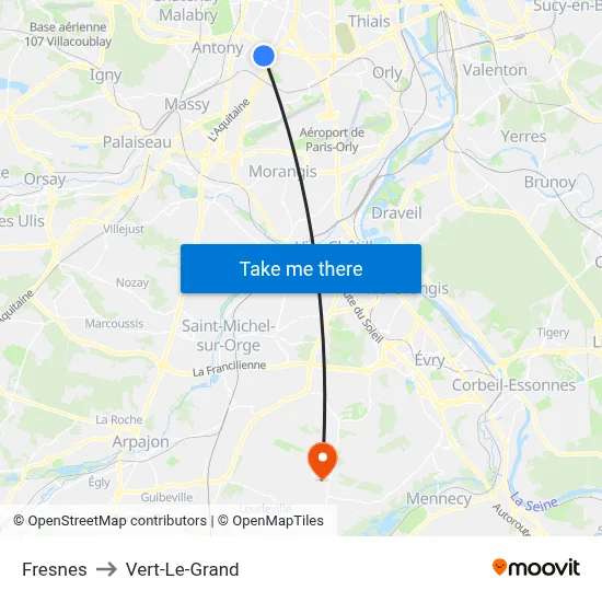 Fresnes to Vert-Le-Grand map