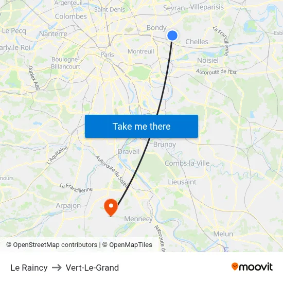 Le Raincy to Vert-Le-Grand map