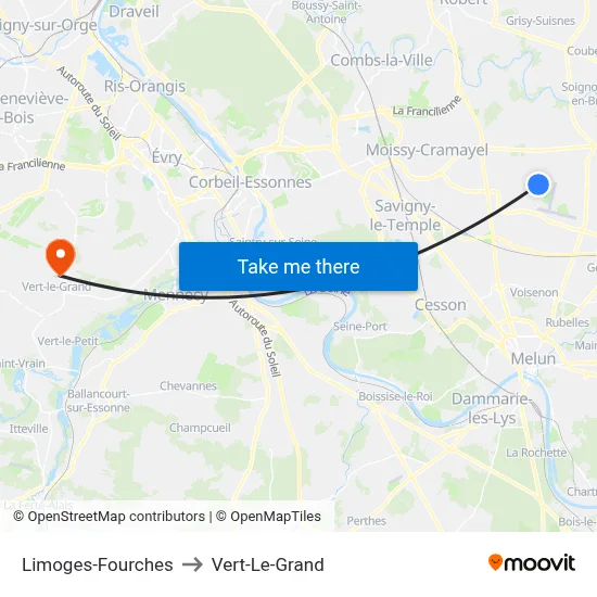 Limoges-Fourches to Vert-Le-Grand map