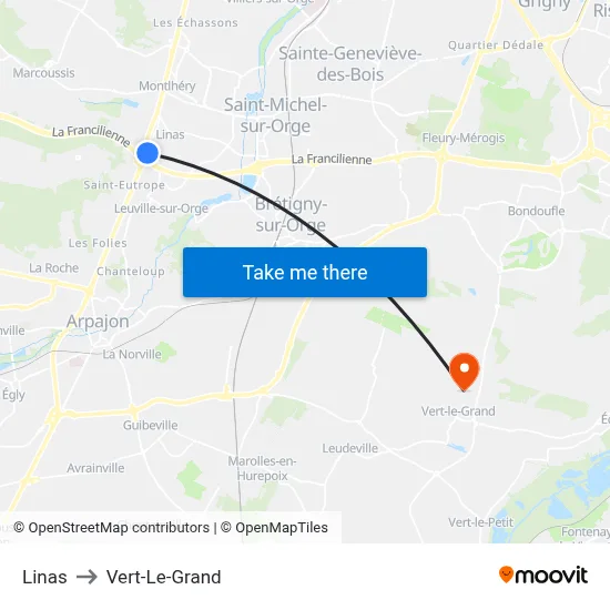 Linas to Vert-Le-Grand map