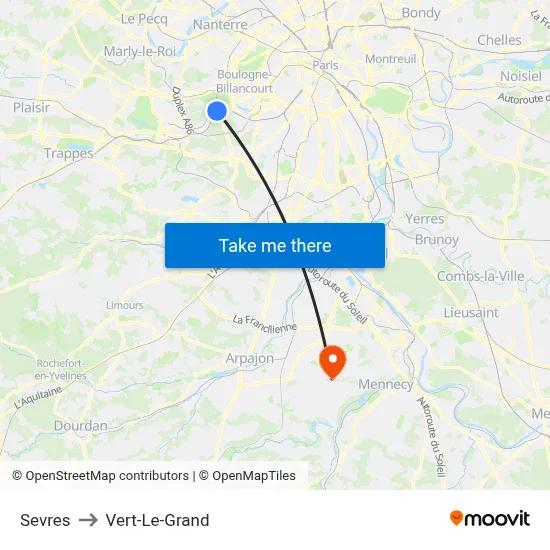 Sevres to Vert-Le-Grand map