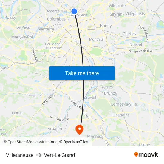 Villetaneuse to Vert-Le-Grand map