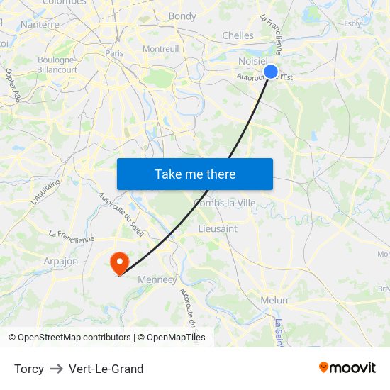 Torcy to Vert-Le-Grand map