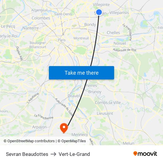 Sevran Beaudottes to Vert-Le-Grand map